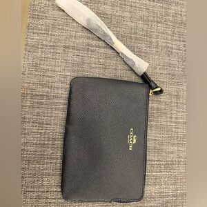 Coach Navy Leather Wristlet with Gold Logo